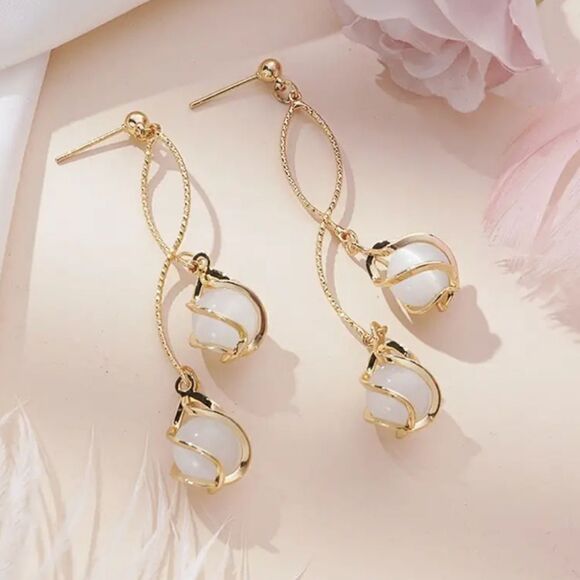 Boho-Elegant Long Tassel Opal Design Earrings Stainless Steel Drop Fashion Look - Picture 4 of 15